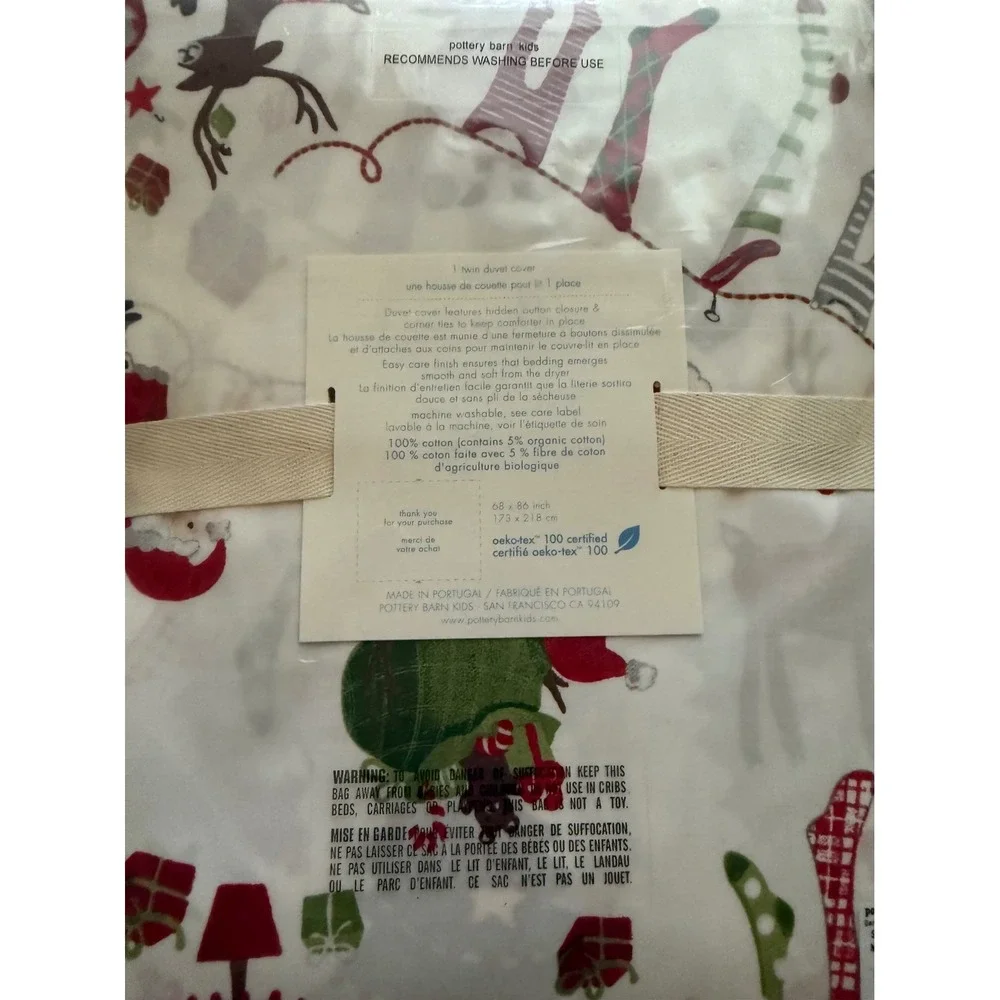 Pottery Barn Kids Duvet Set Kids Twin White NWT Santa & Friends Christmas Cotton